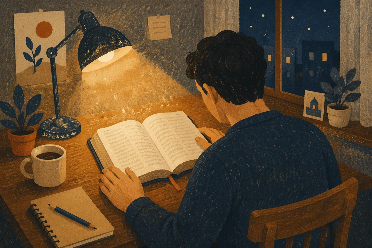Man Reading Bible by Warm Desk Lamp