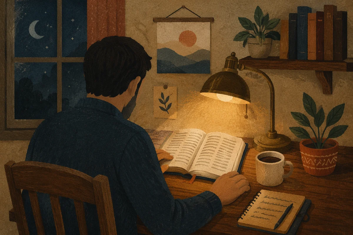 Man Reading Bible by Warm Desk Lamp