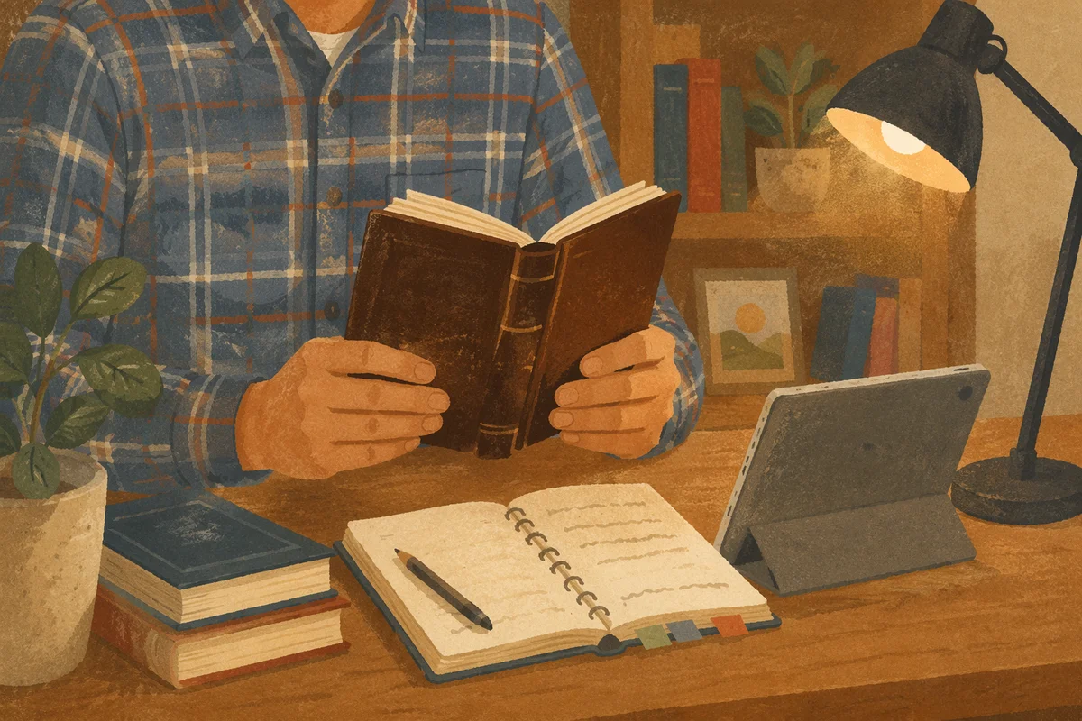 Man Reading Bible by Desk Lamp