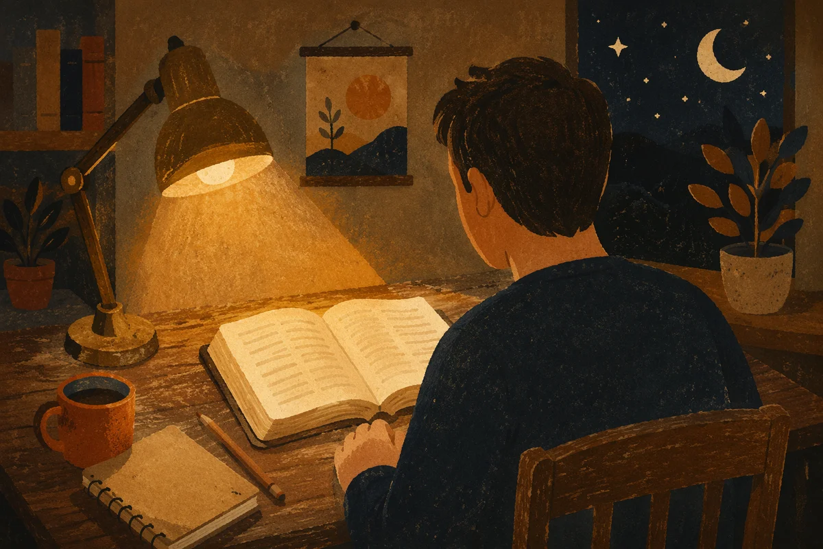 Quiet Night Bible Study at Wooden Desk