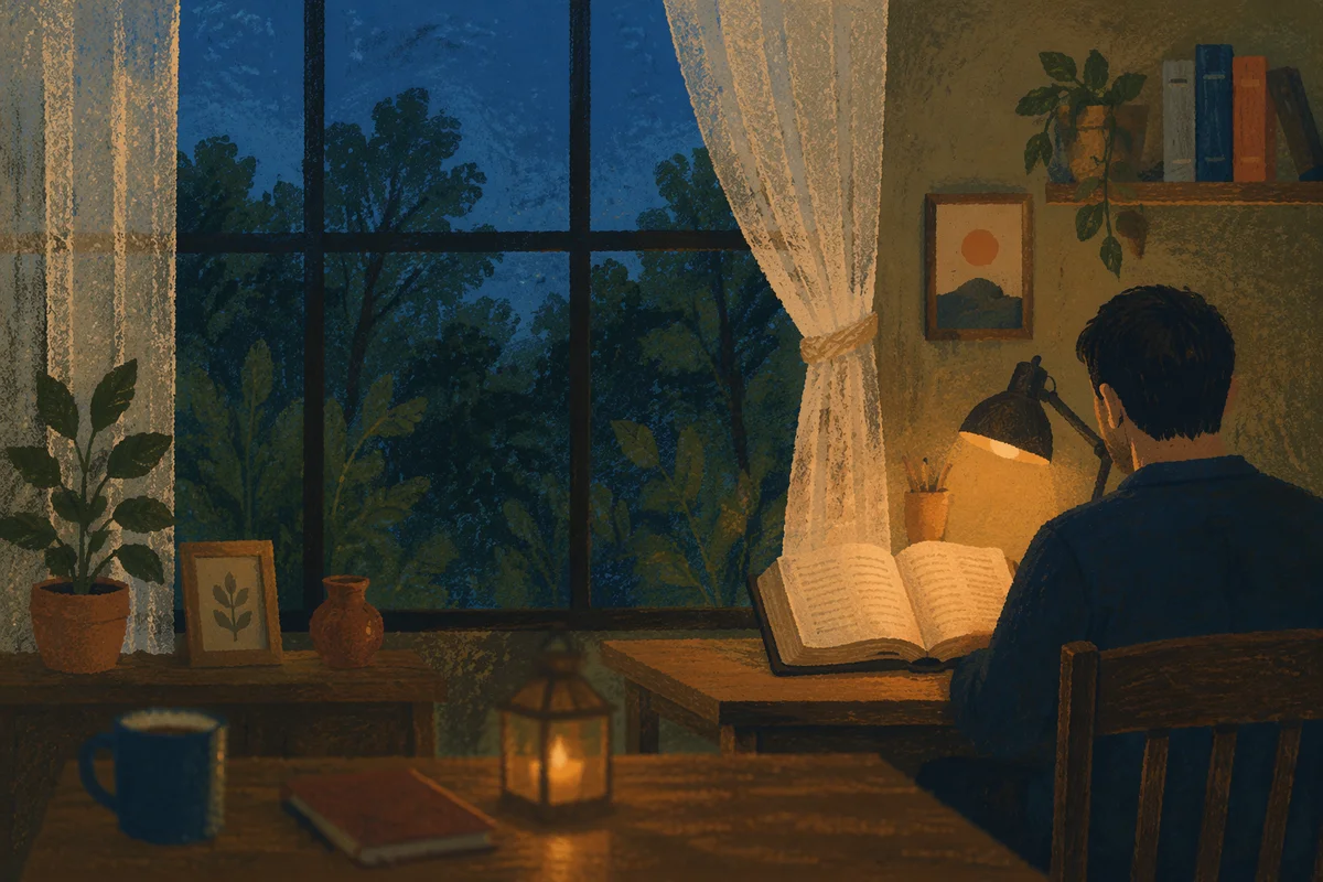Man Reading Bible by Warm Desk Lamp