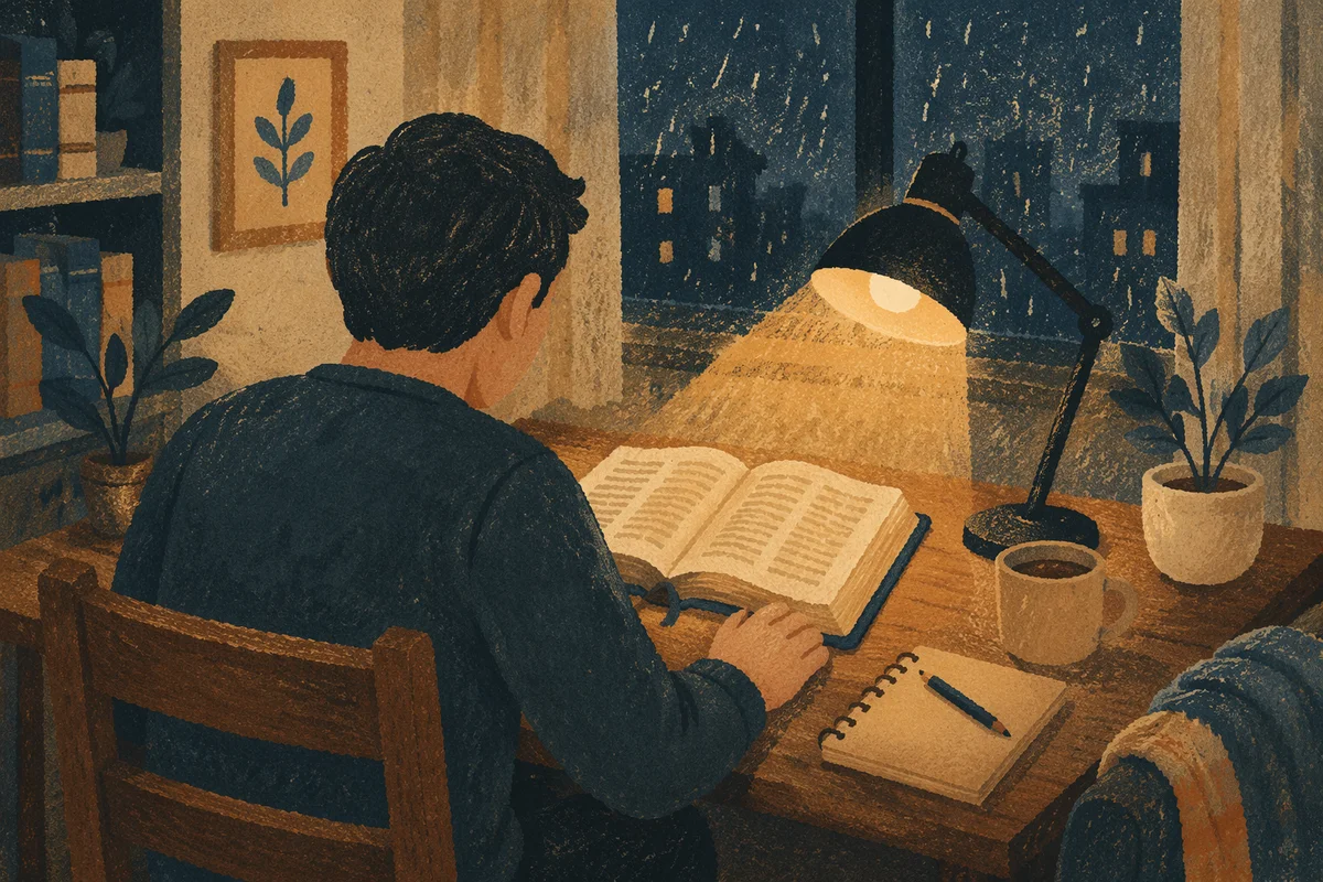 Man Reading Bible by Warm Desk Lamp