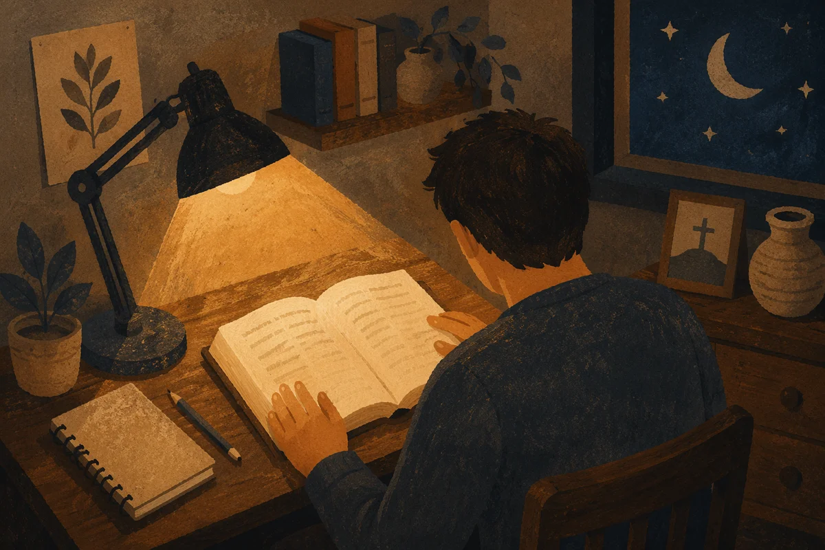 Man Reading Bible by Warm Desk Lamp
