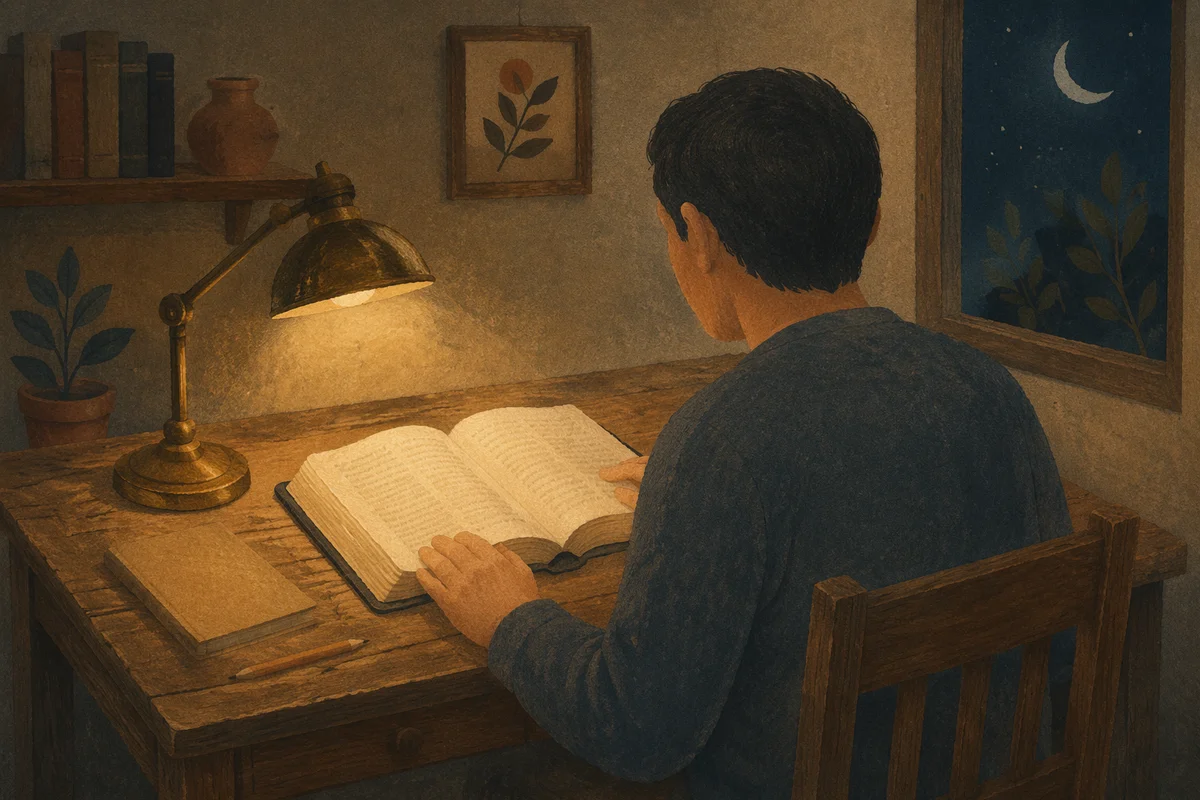 Man Reading Bible by Warm Desk Lamp