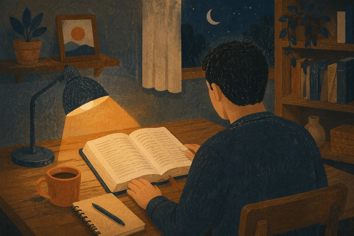 Man Reading Bible by Warm Desk Lamp