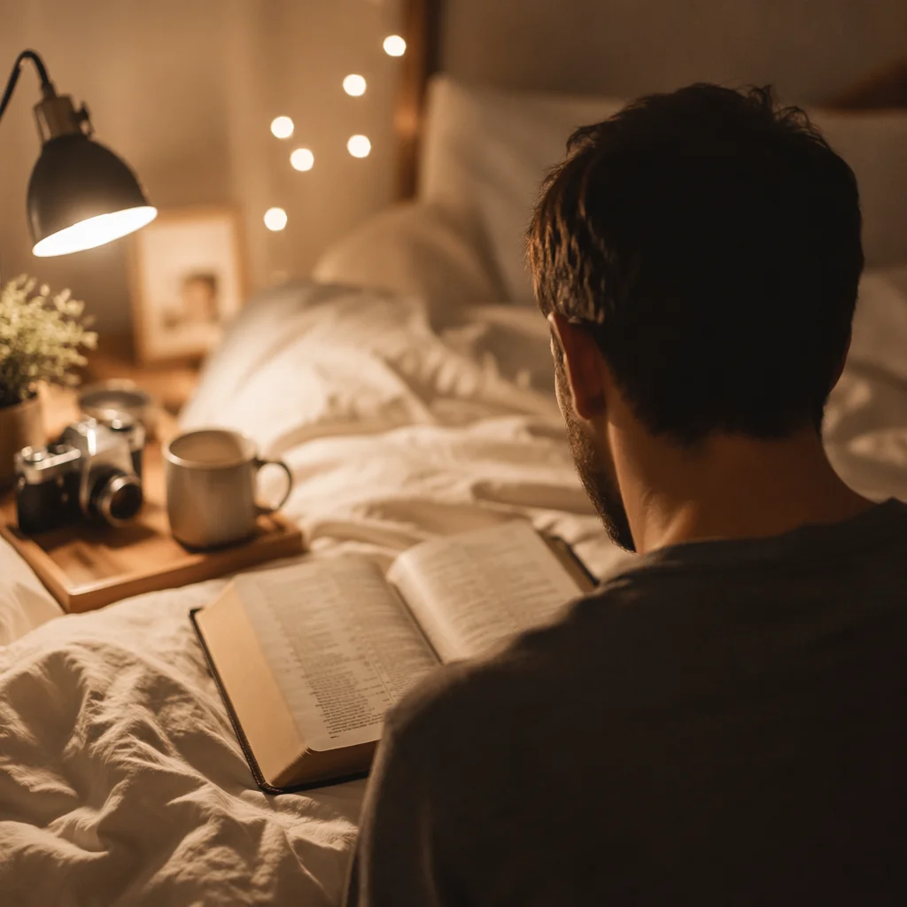 Man Reading Bible by Warm Desk Lamp