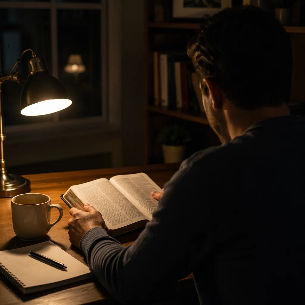 Man Reading Bible by Warm Desk Lamp