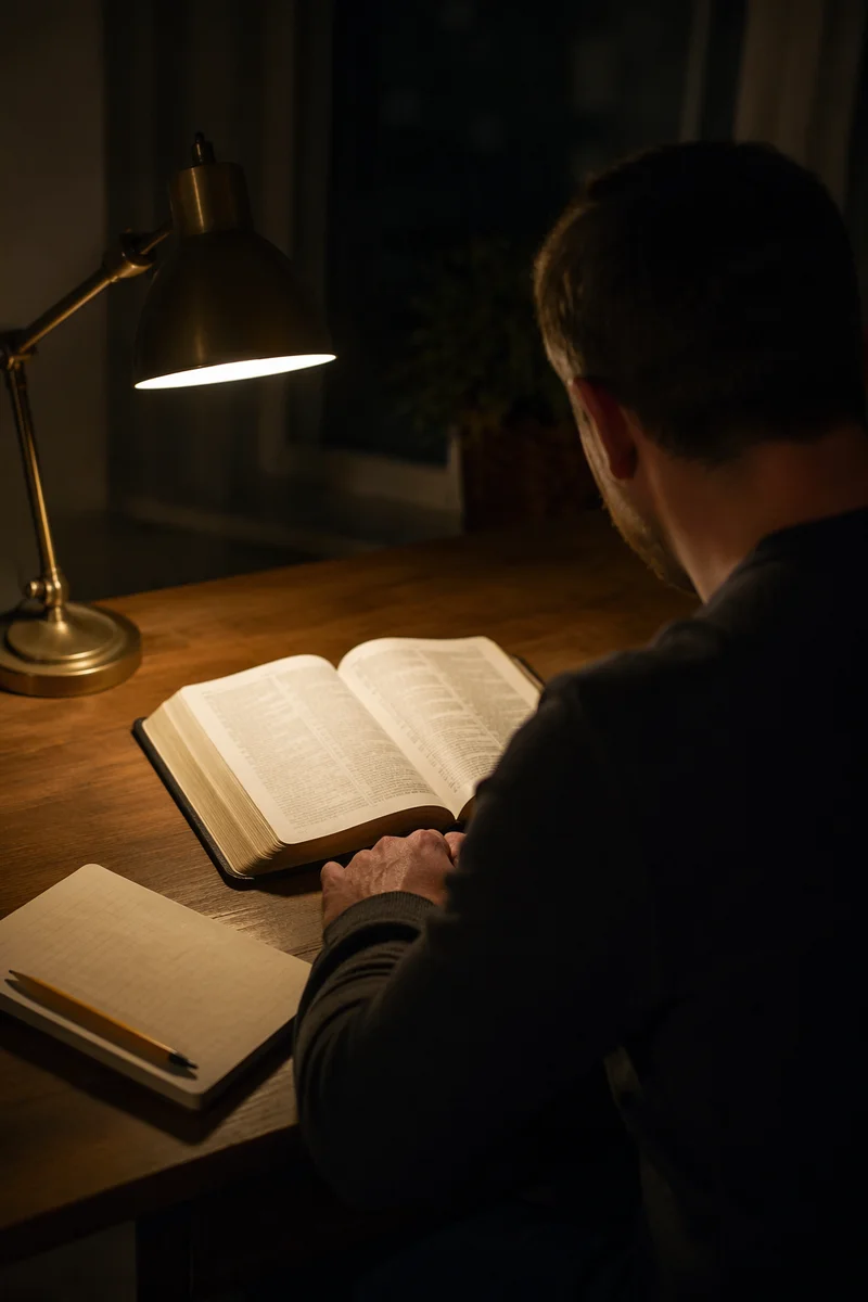 Man Reading Bible by Warm Desk Lamp
