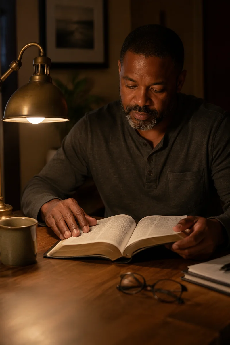 Man Reading Bible by Desk Lamp