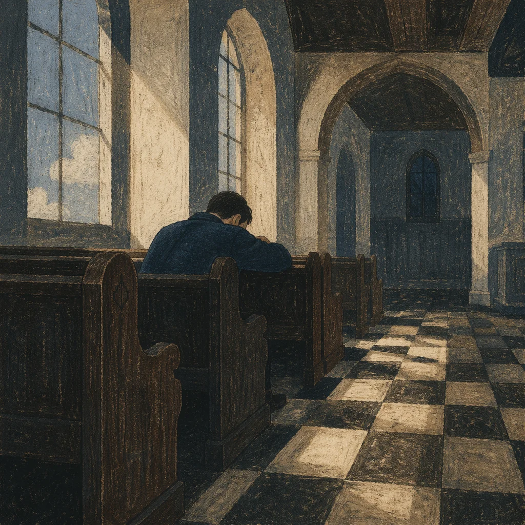 Man Bowed Alone in Quiet Chapel Pew