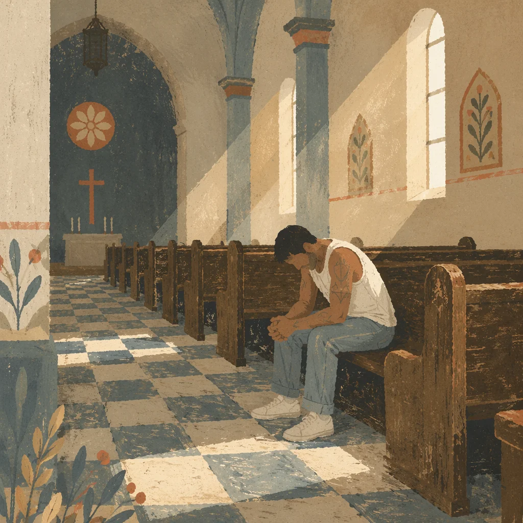 Solitary Man Praying in Old Church Pew