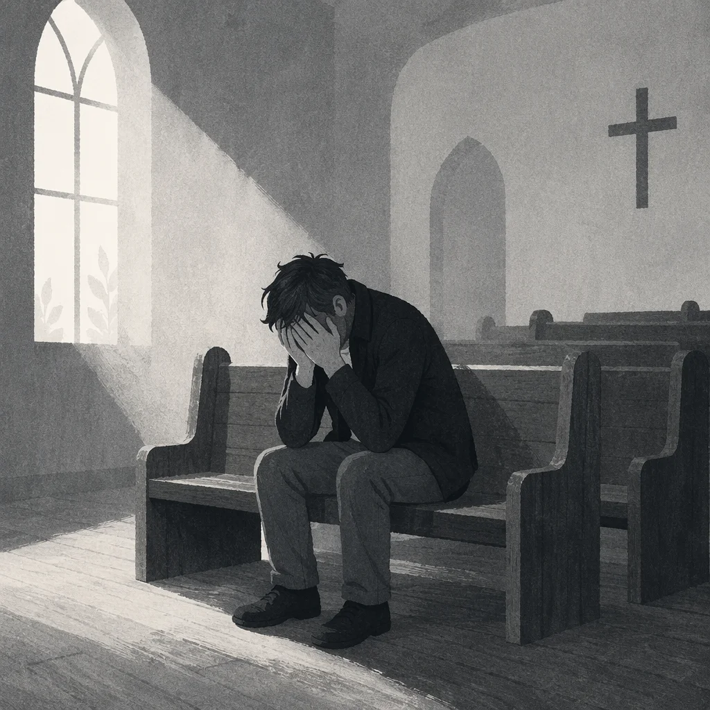 Solitary Man Praying in Quiet Chapel