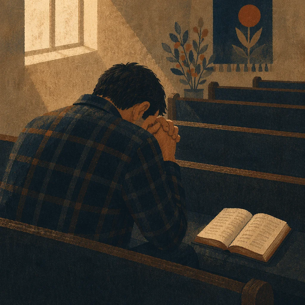 Man Praying Alone in Quiet Church Pew