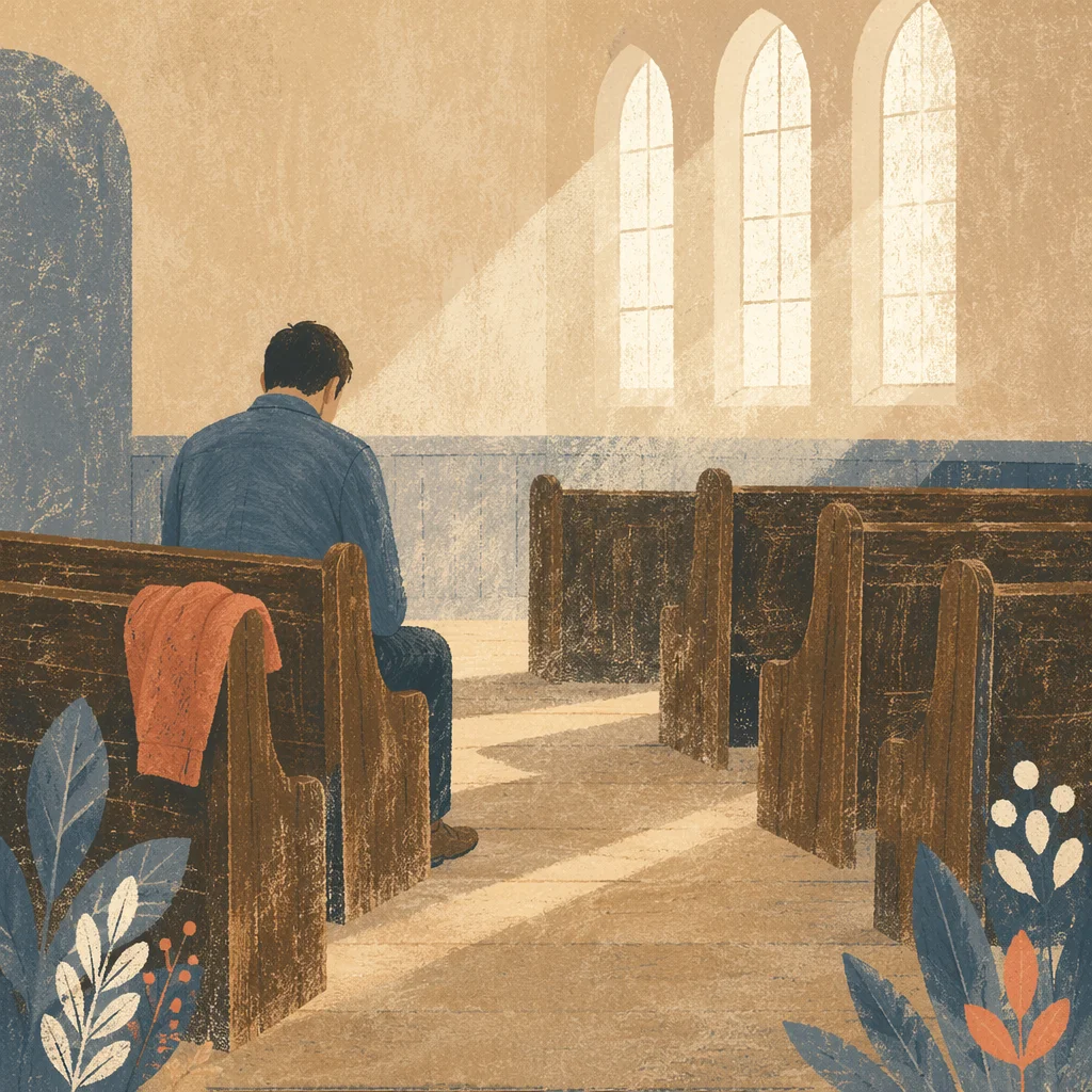 Man Bowed in Quiet Chapel Reflection