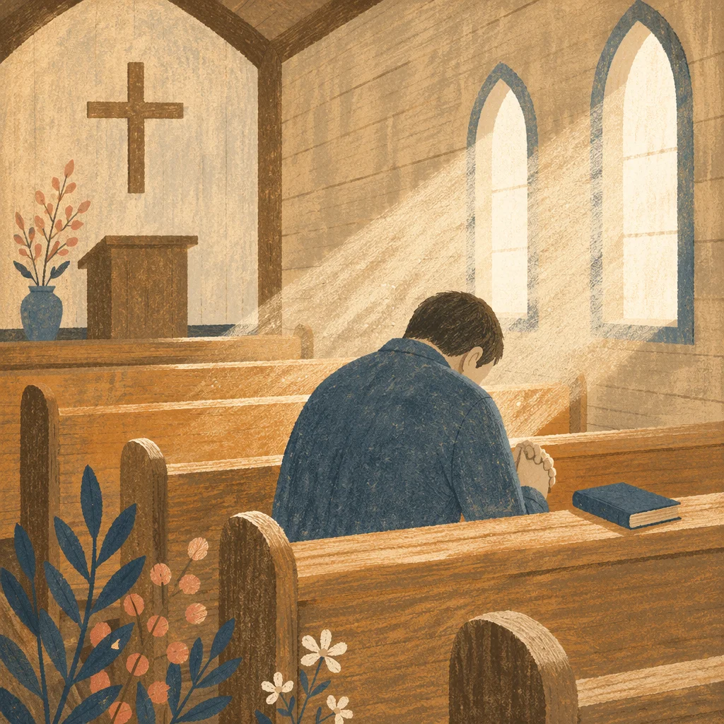 Man Praying Alone in Wooden Chapel