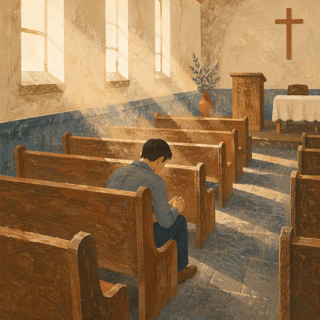Man Praying Alone in Quiet Chapel