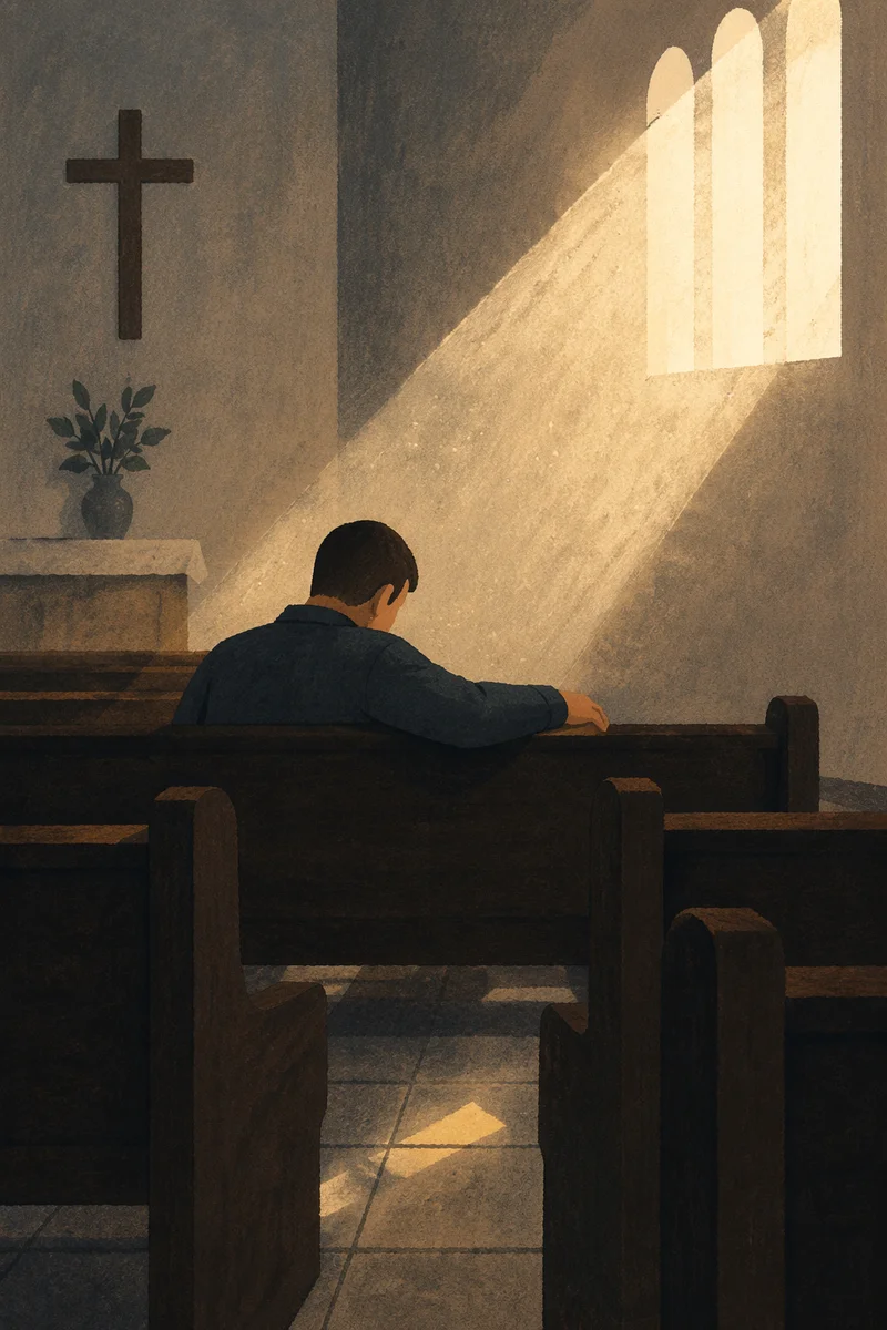Solitary Man Praying in Shadowed Chapel Pew