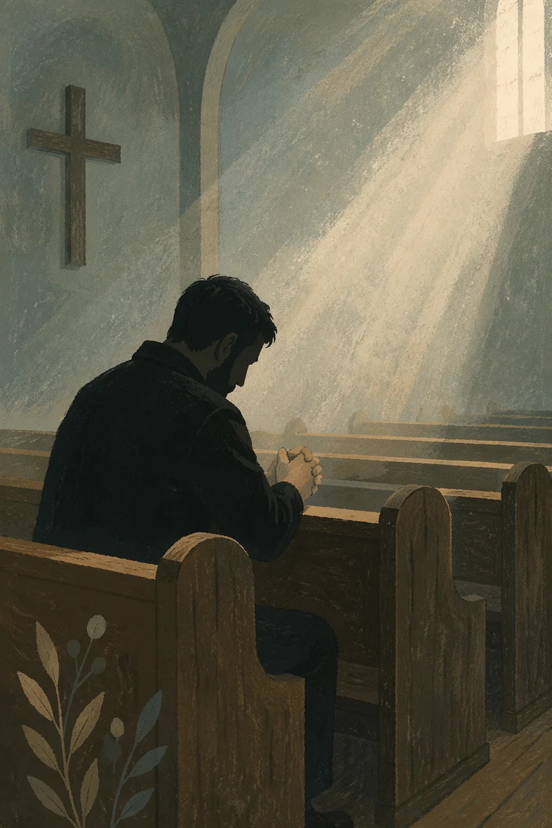 Solitary Man Praying in Quiet Chapel Pew