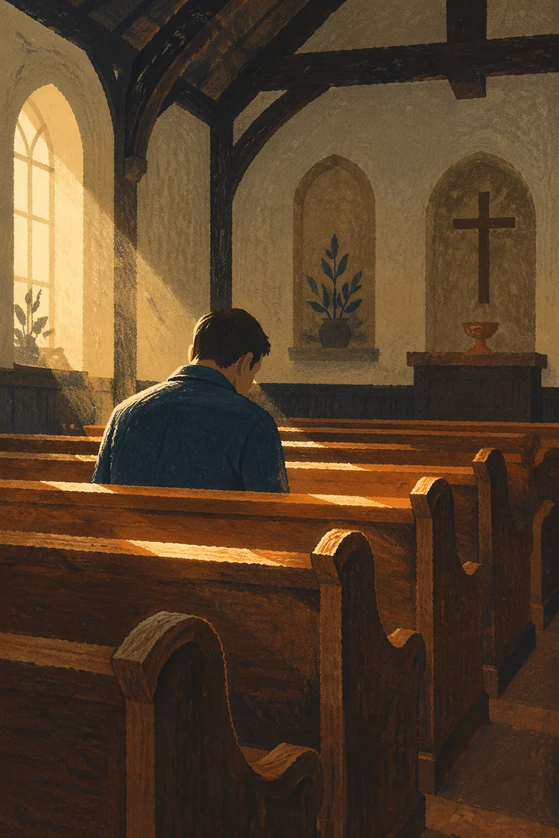 Solitary Man Praying in Quiet Chapel Pew