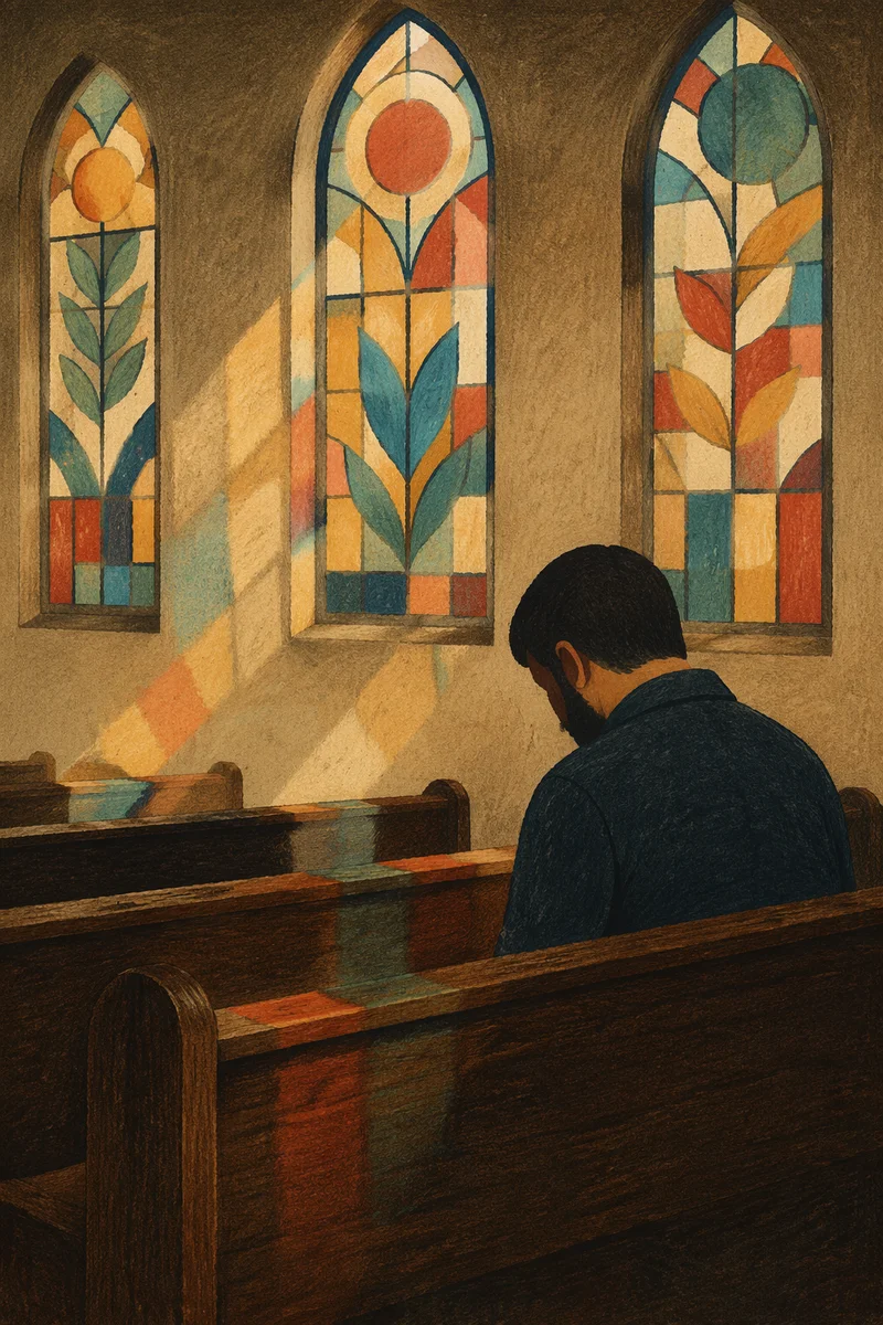 Solitary Man Bowed in Quiet Chapel Pew