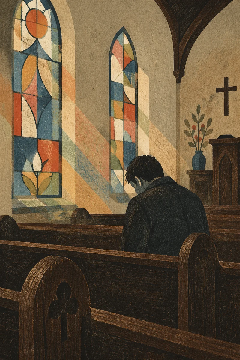 Man Praying Alone in Historic Chapel