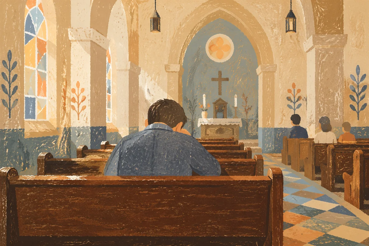 Man Praying Alone in Church Pew