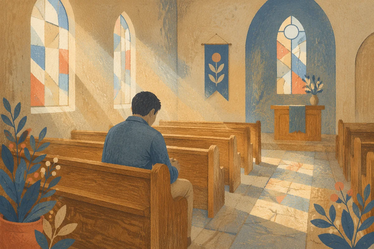 Solitary Man Praying in Church Pew