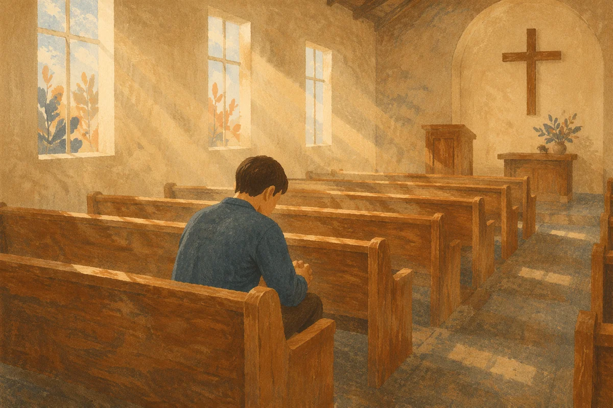 Solitary Man Praying in Empty Chapel