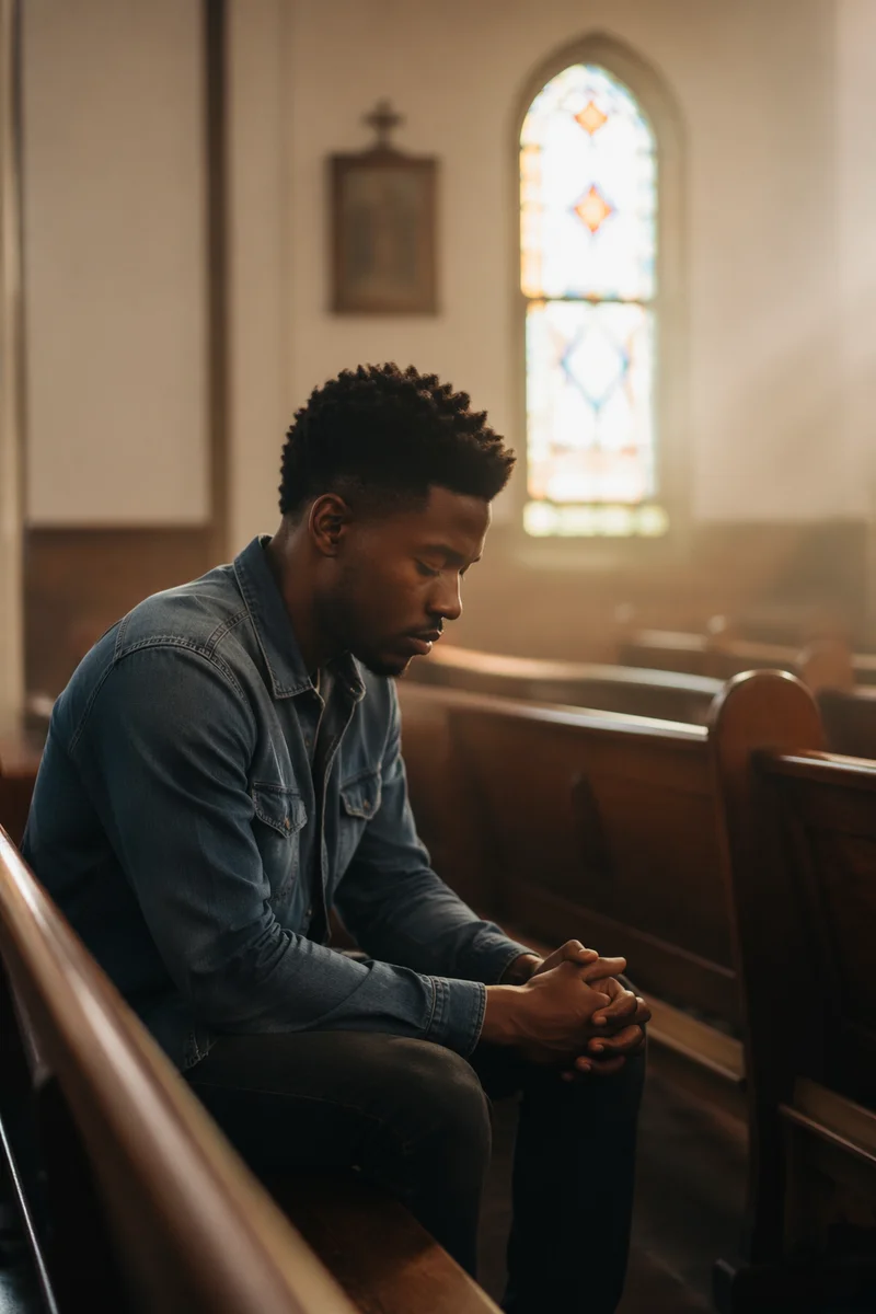 Young Man Reflecting in Church Pew