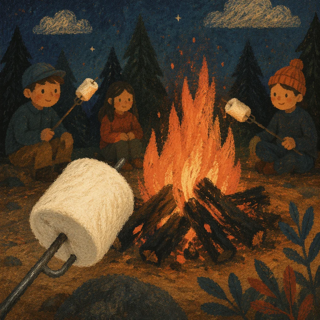 Marshmallows Roasting Over Rustic Campfire