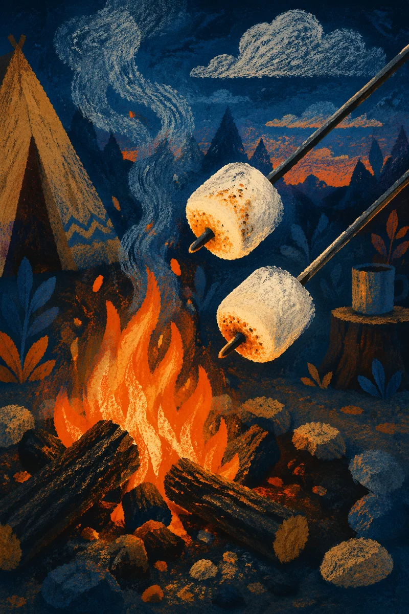 Marshmallows Roasting Over Campfire at Dusk