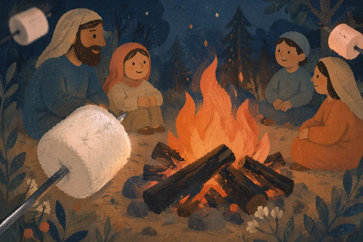 Marshmallows Roasting Over Rustic Campfire