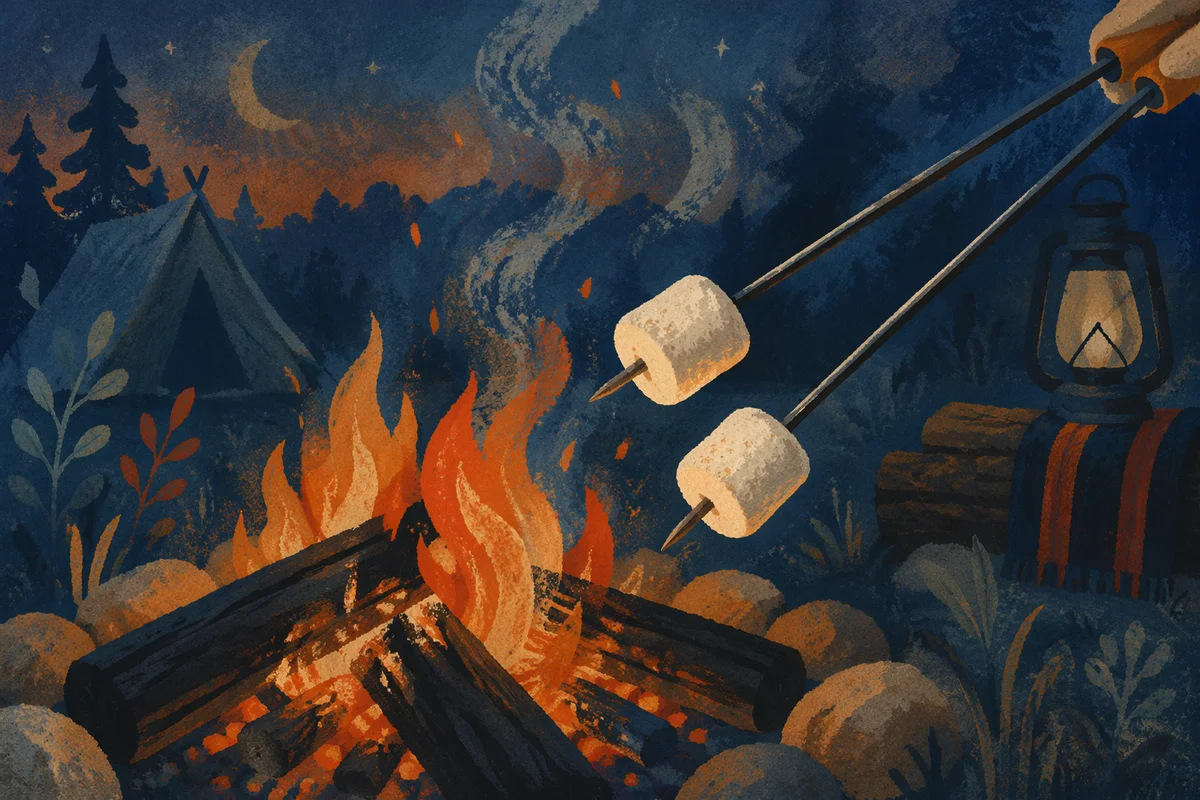 Marshmallows Roasting Over Campfire at Dusk