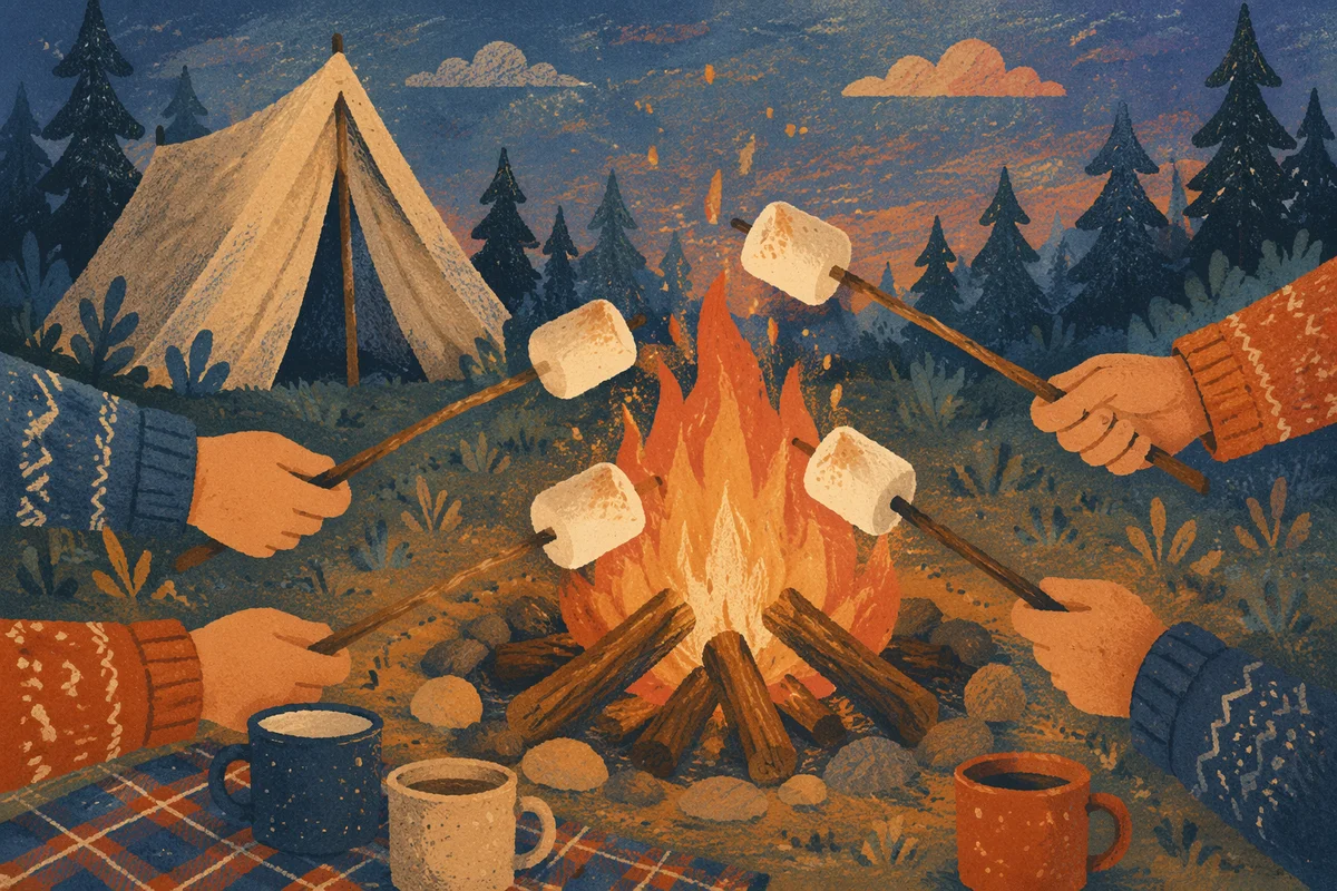 Marshmallows Roasting by Forest Campfire at Dusk