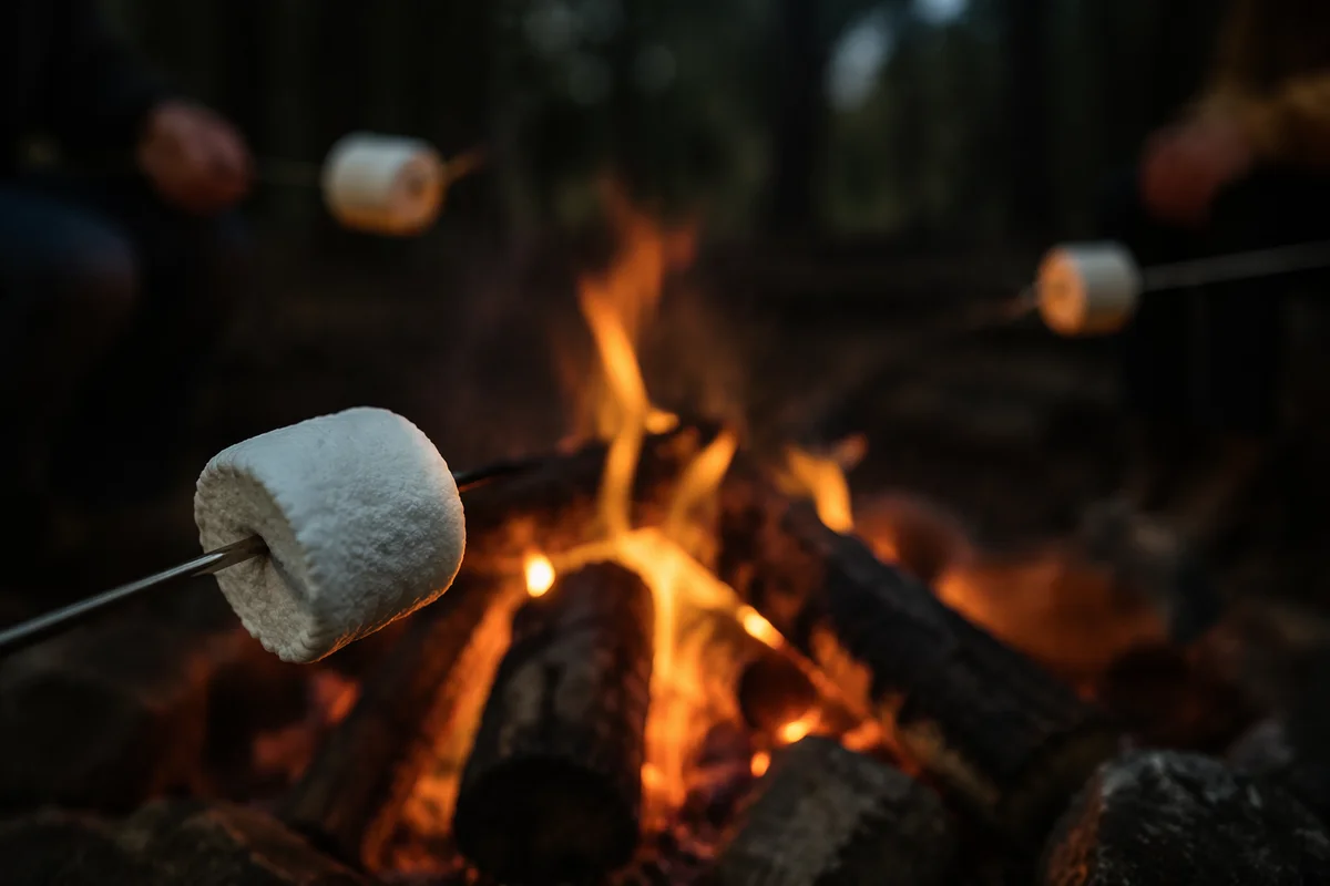 Marshmallows Roasting Over Rustic Campfire