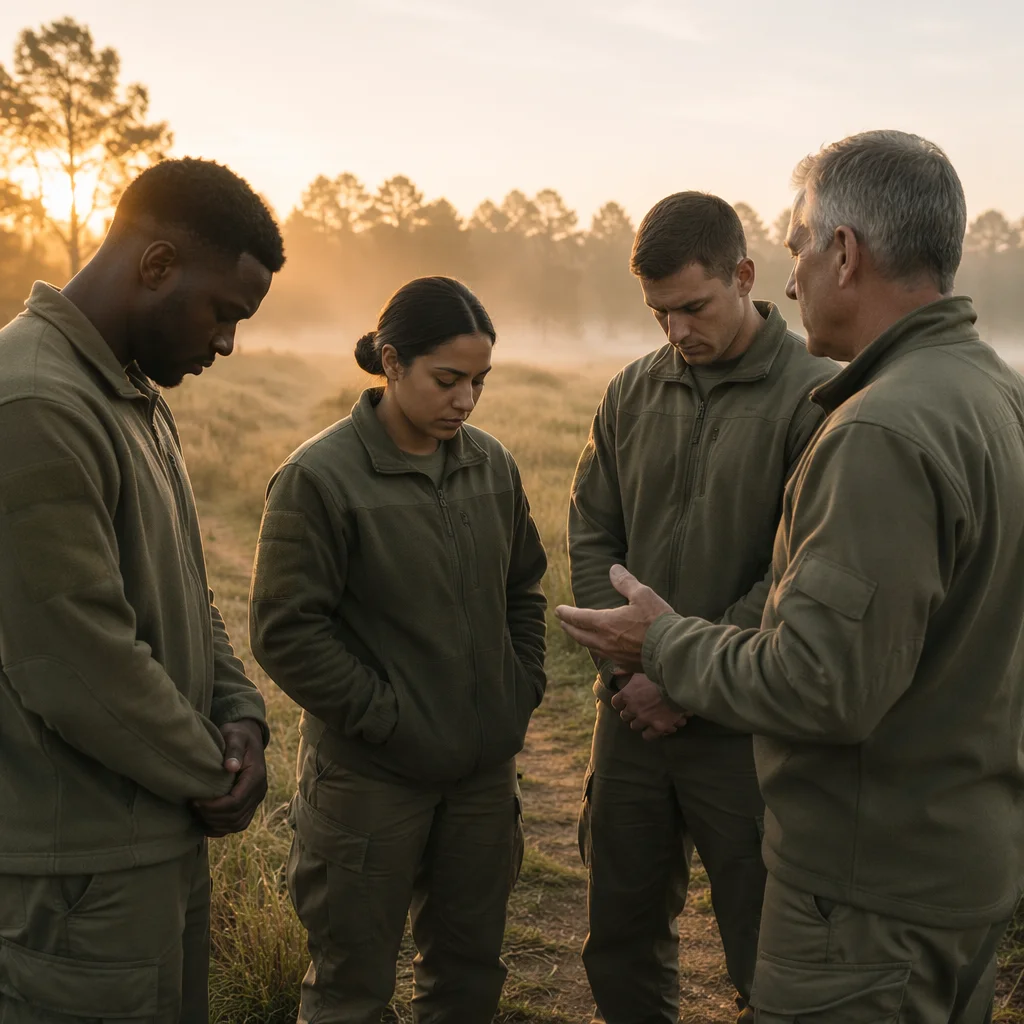 Soldiers and Chaplain in Dawn Field