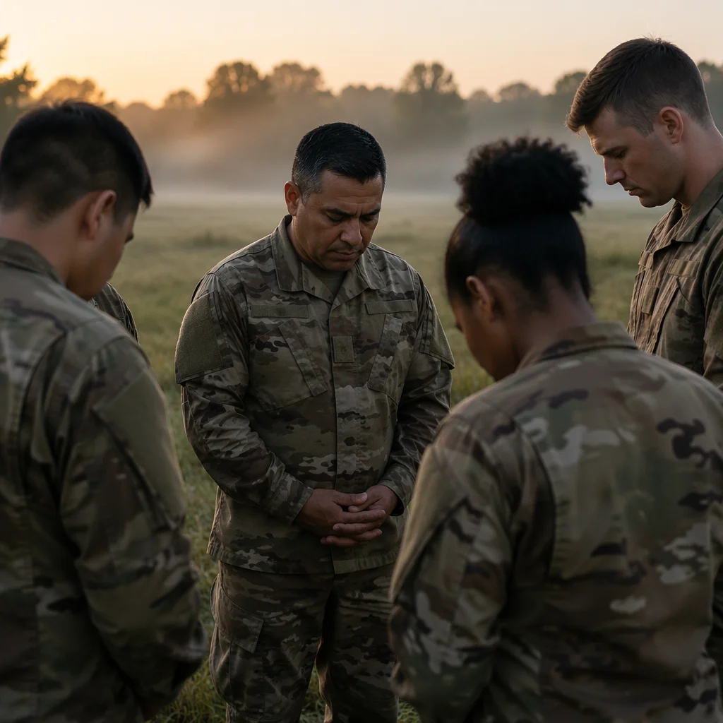 Military Chaplain and Soldiers at Dawn