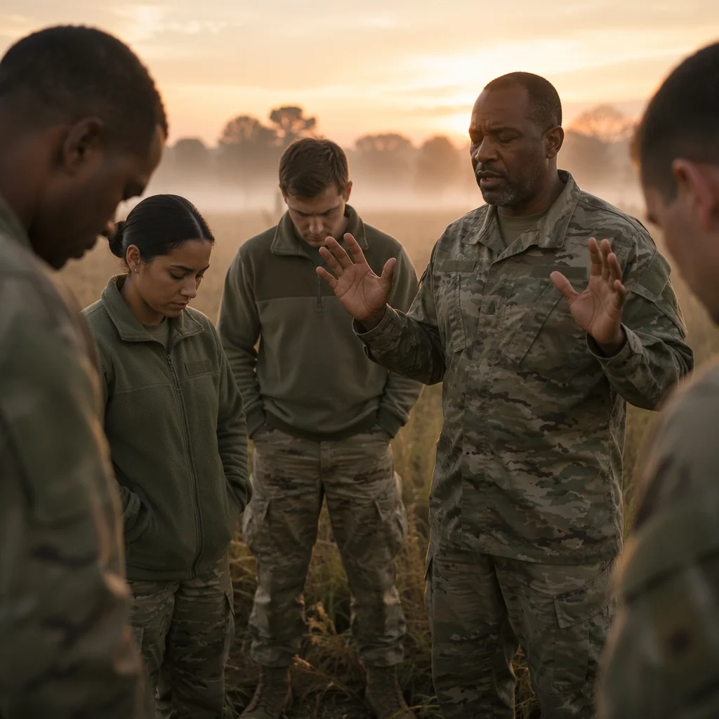 Soldiers and Chaplain Praying at Dawn