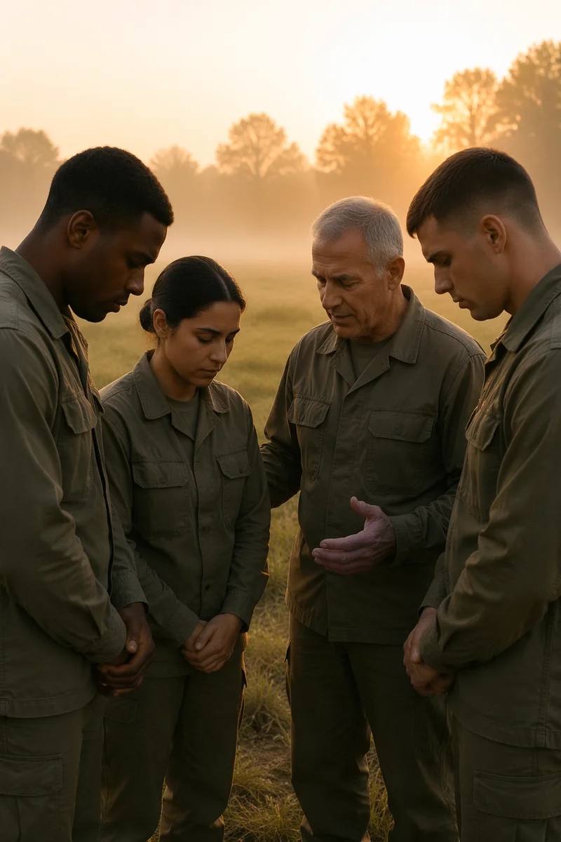 Soldiers and Chaplain Praying at Dawn