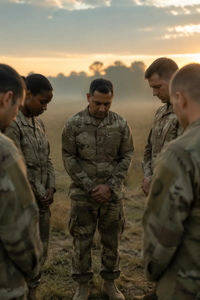 Military Chaplain Praying With Soldiers at Dawn