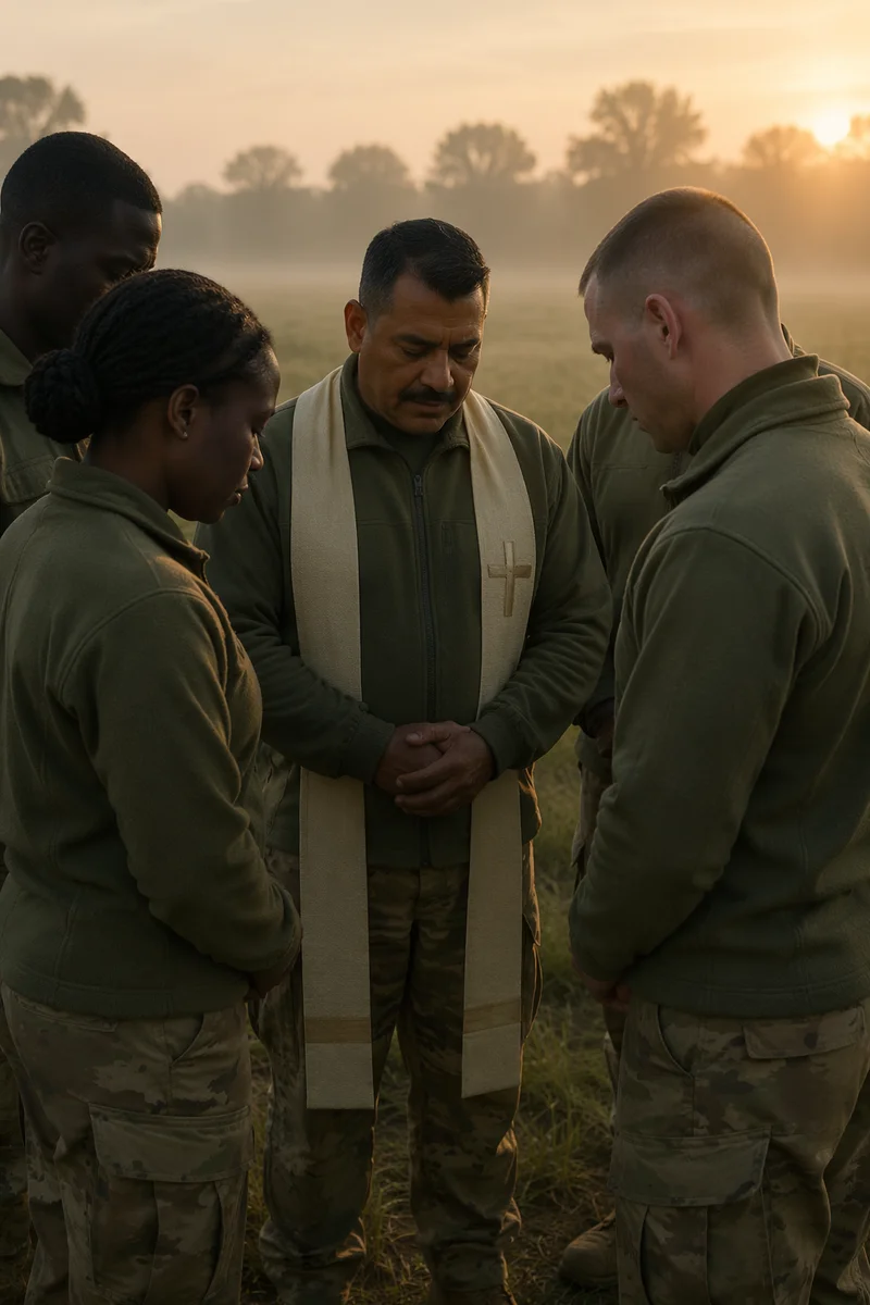 Soldiers and Chaplain in Dawn Field