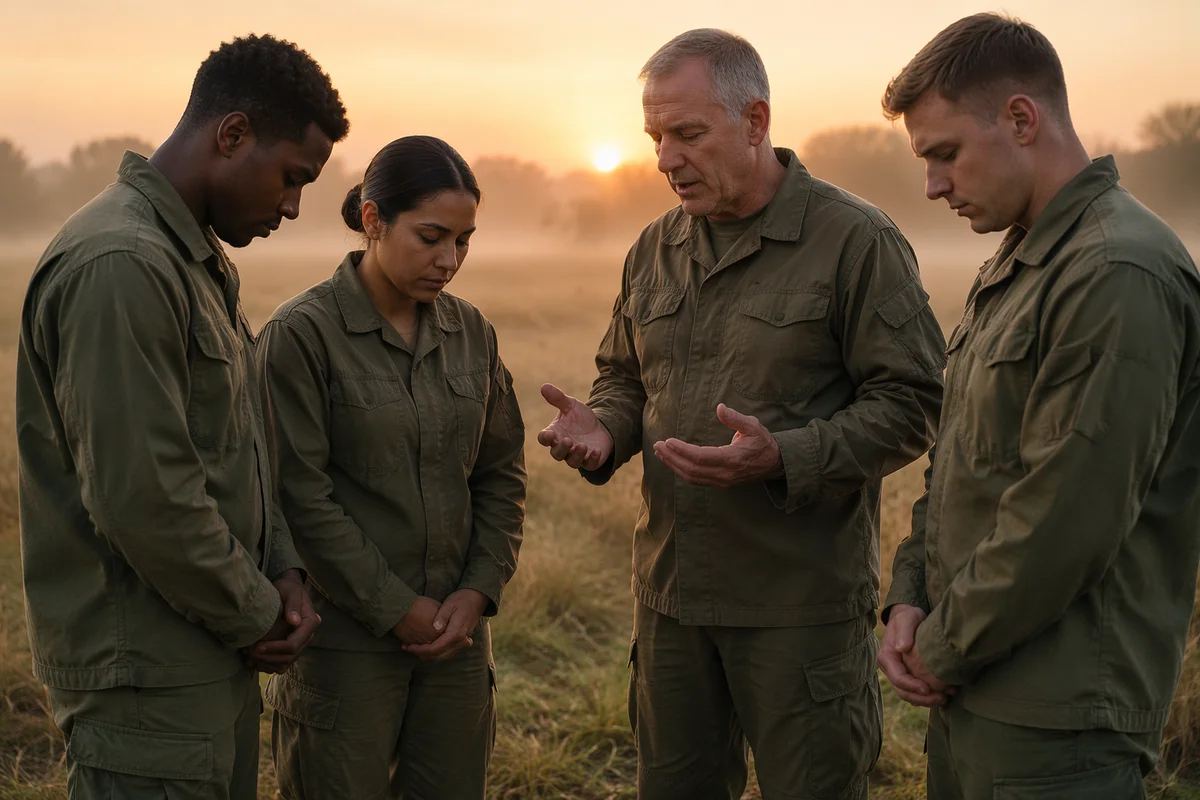 Soldiers and Chaplain Praying at Dawn