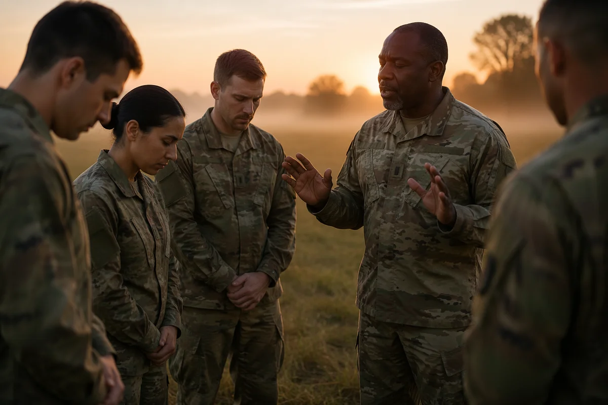Soldiers and Chaplain Praying at Dawn