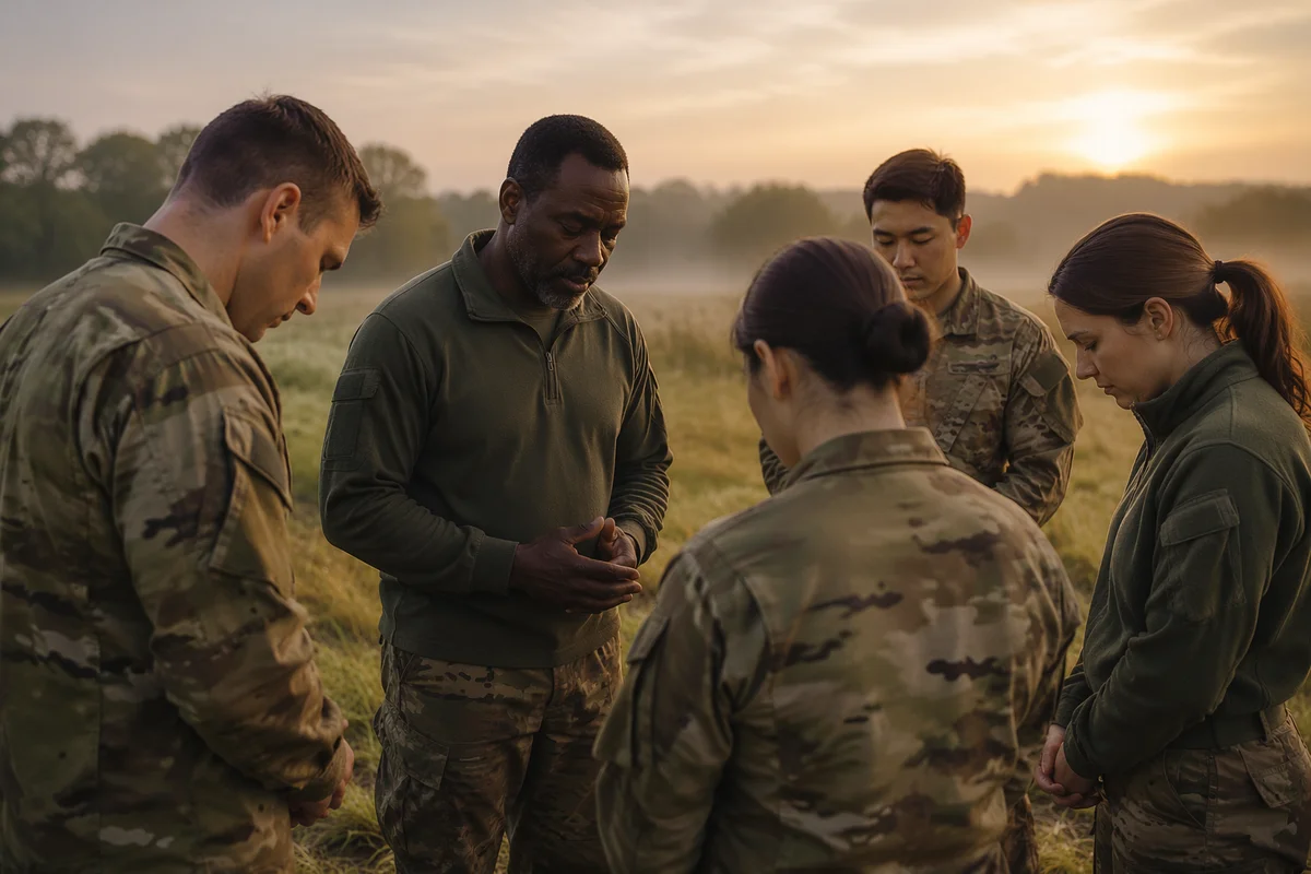 Military Chaplain Praying With Soldiers at Sunrise