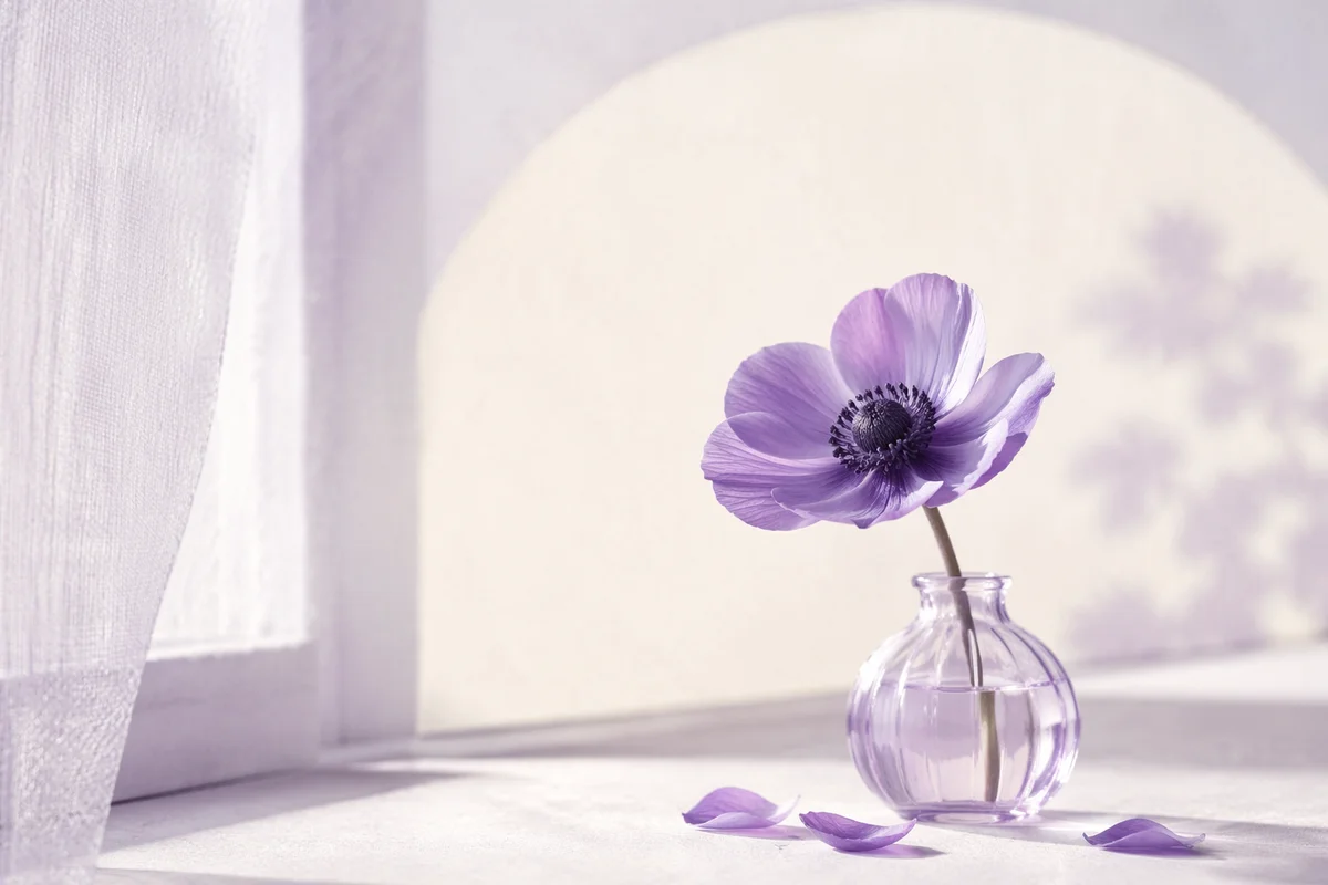 Minimalist Desk With Purple Flower Vase