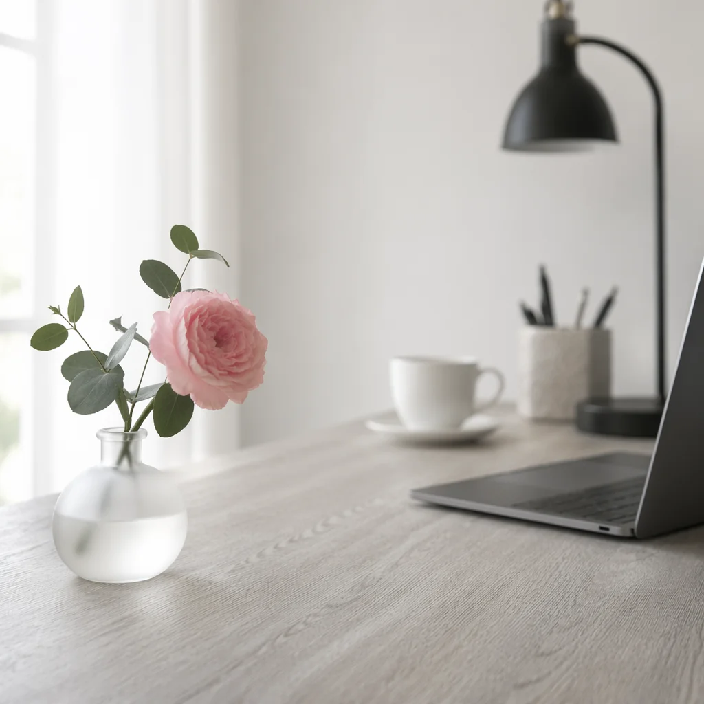 Minimalist Desk With Single Pink Flower