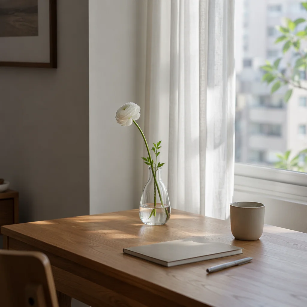 Minimalist Desk with White Ranunculus Vase