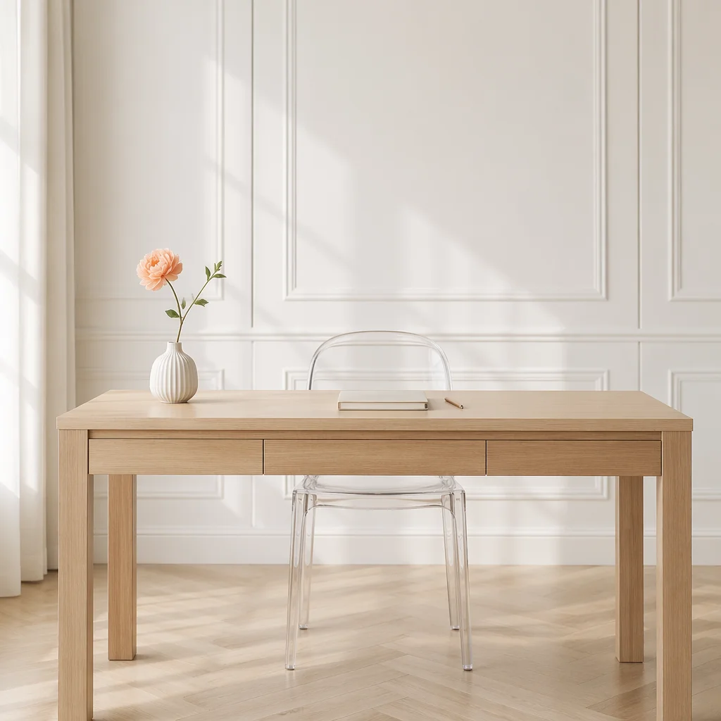 Minimalist Desk with Single Peach Flower