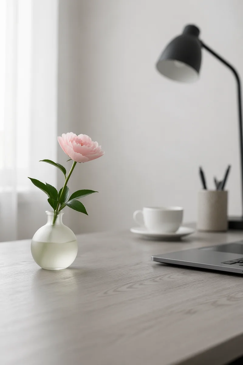 Minimalist Desk with Pale Pink Flower