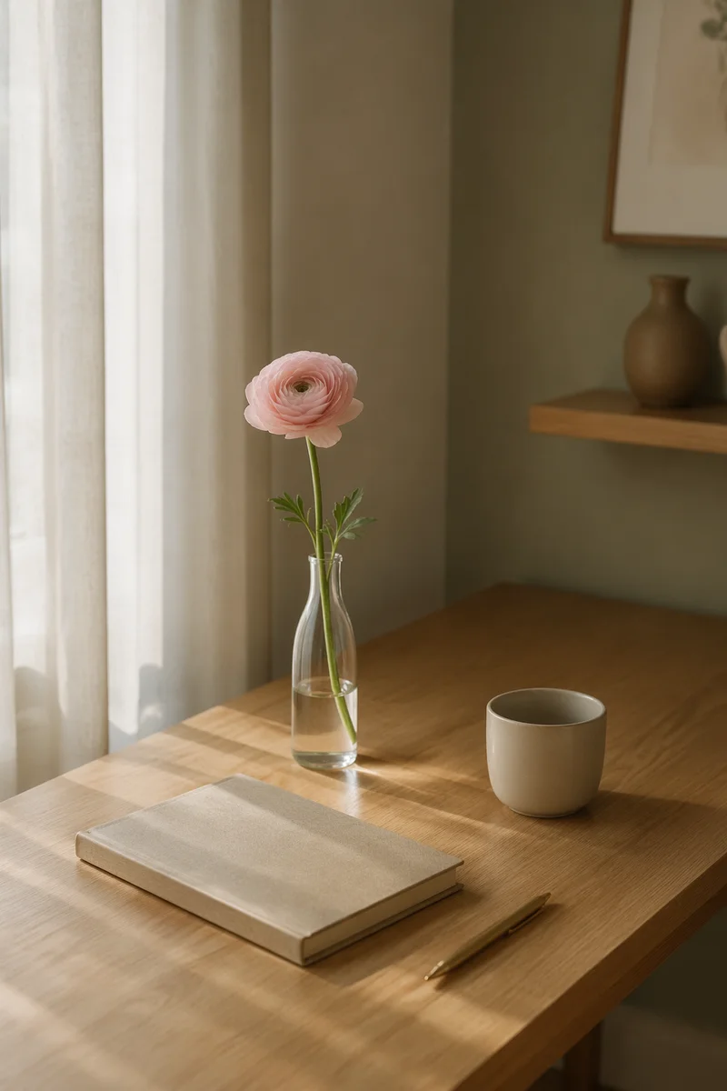 Minimalist Desk with Pink Ranunculus Light